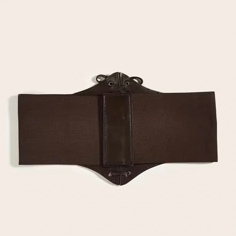 Vintage‎ Style Brown Faux Leather Lace Up Elastic Girdle Casual Wide Waistband